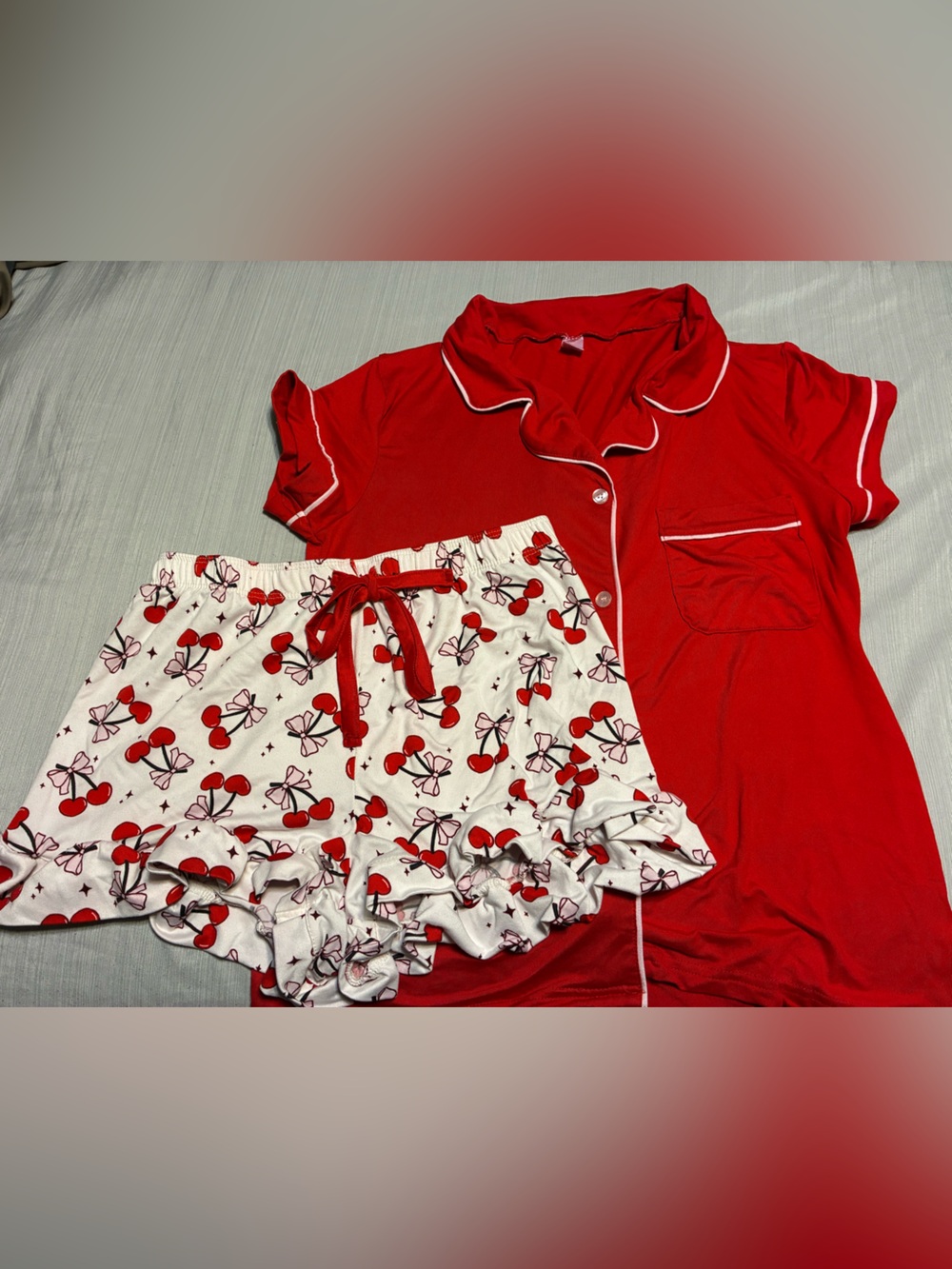 Women’s Red Cherry-Print Pajama Set - Short Sleeve Top & Ruffle Shorts